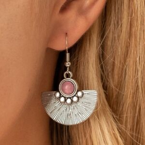 Silver Fan Pendant Necklace and Earrings Set with Pink Accents